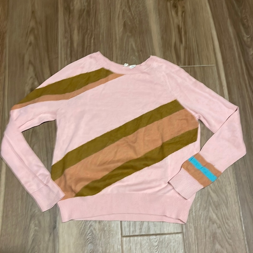 Pink Stripe Crewneck Sweater with Accent Cuffs